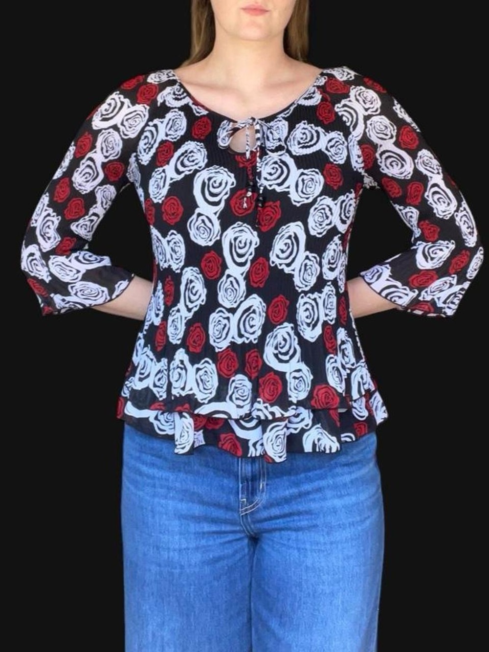 Y2K Whimsygoth New Directions
Rose Print Accordion Pleated
Blouse Medium Tiered